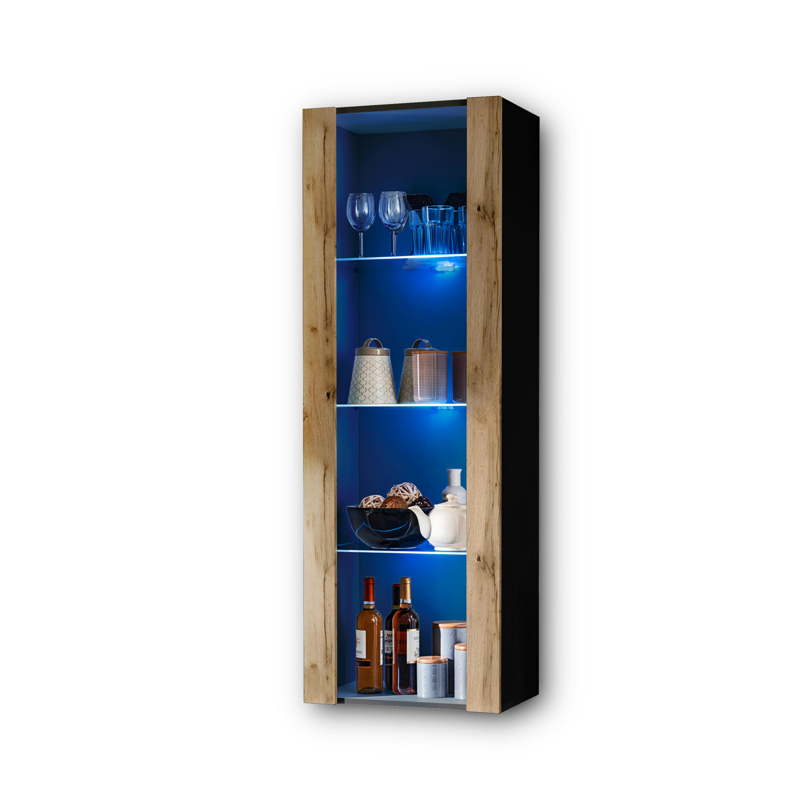 VITRINE TIVOLI, Schwarz + Eiche Wotan, LED Blau - Eiche Wotan/Schwarz, Glas/Holzwerkstoff (55/159/35cm) - Komodee