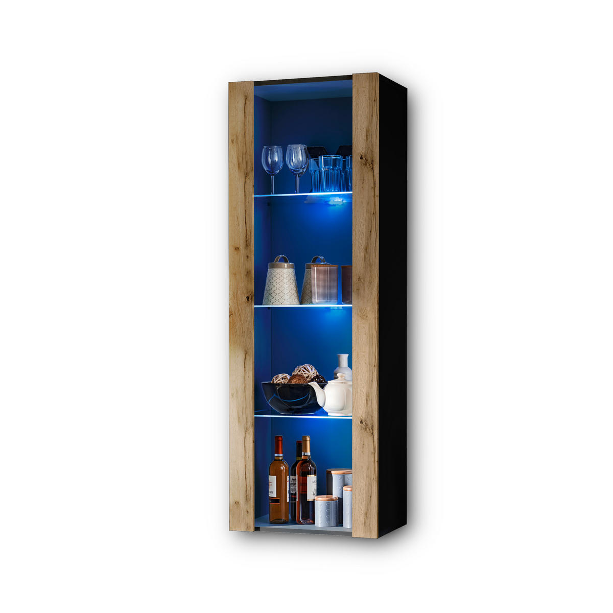 VITRINE TIVOLI, Schwarz + Eiche Wotan, LED Blau - Eiche Wotan/Schwarz, Glas/Holzwerkstoff (55/159/35cm) - Komodee