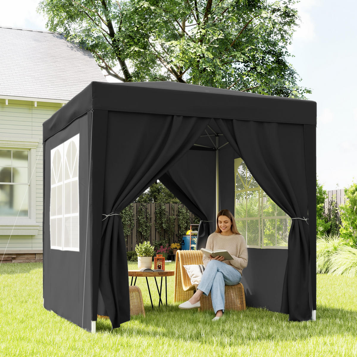 FALTPAVILLON, Blau, Stahl, Oxford-Stoff - Schwarz, Metall (200/240/200cm) - Outsunny