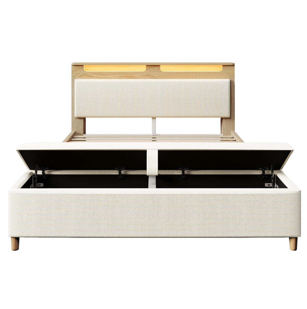 POLSTERBETT 140/200 cm aus Holz und Cordstoff mit LED-Beleuchtung, Stauraum-Kopfteil und Bettbank, Eichefarben/Beige - Beige, Textil (140/200cm) - Redom