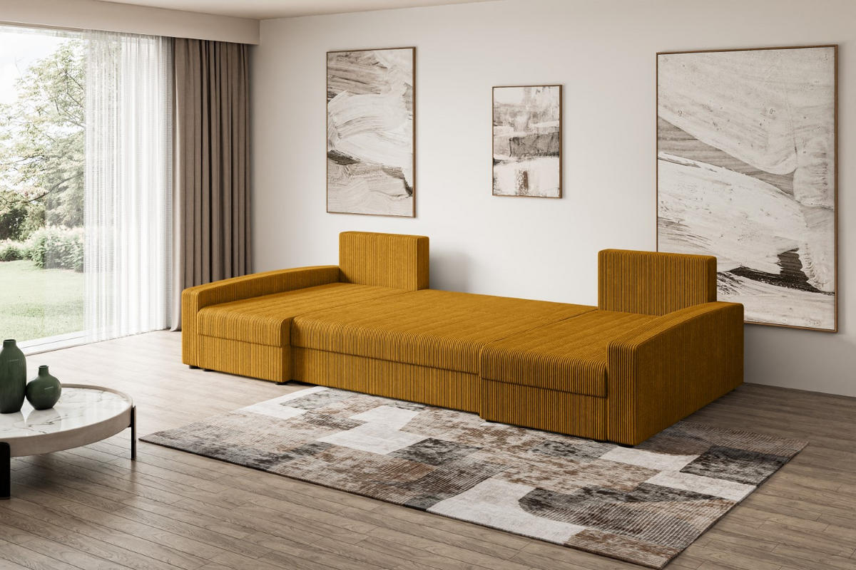 WOHNLANDSCHAFT mit Schlaffunktion und Bettkasten ALESIA-U 301x140x90 cm Senfgelb Cord - Gelb/Silberfarben, Holzwerkstoff/Kunststoff (301/90/140cm) - ALTDECOR