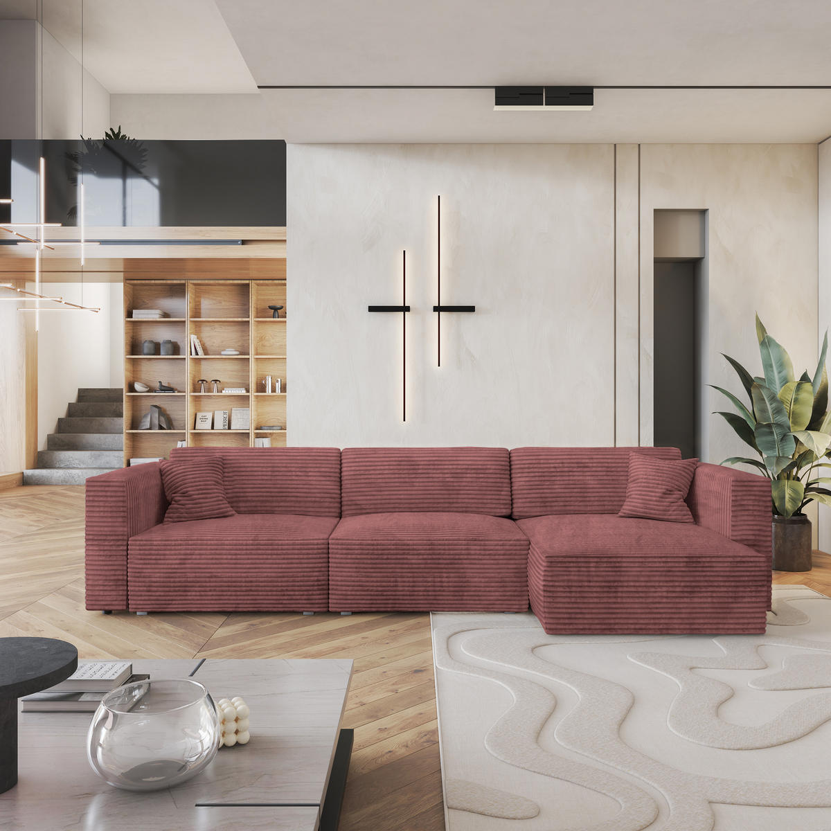 ECKSOFA TOLMO Rosa Kordstoff mit Schlaffunktion - Rosa/Grau, Holz/Kunststoff (347/148cm) - MASSENO