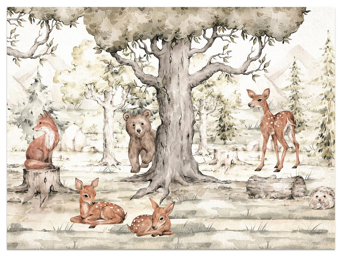 FOTOTAPETE für Kinderzimmer Waldtiere Aquarell Bär Fuchs Reh Bäume 300x210 - Beige/Orange, Papier (300/210cm) - Muralo