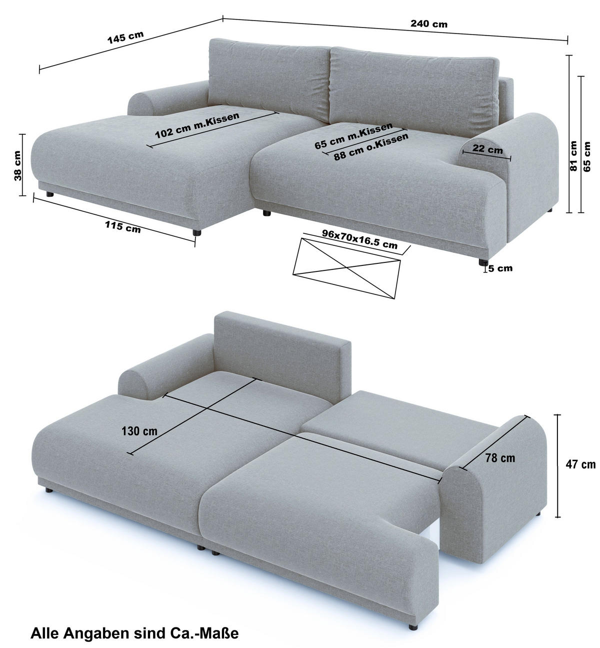 ECKSOFA mit Schlaffunktion, Bettkasten, extrabreite Ottomane links, abgerundete Armlehnen, B240/T145/H81 cm, Chenille Hellbraun / 21022 - Hellbraun/Schwarz, Kunststoff/Textil (240/145cm) - luma-home