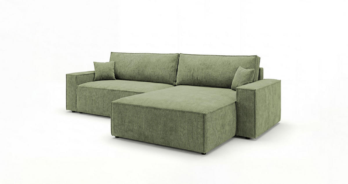 ROHOVÁ pohovka VIENNA pravá světle zelená manšestr Poso 47 - funkce spaní, úložný prostor - světle zelená, textil (285/184cm) - Cornero