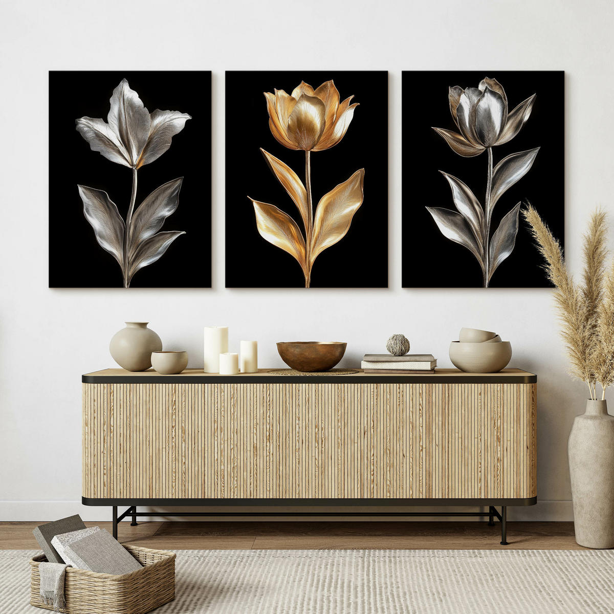 LEINWANDBILDER 3-es Set Abstrakt Blumen - Beige/Schwarz, Textil (90/40cm) - Muralo
