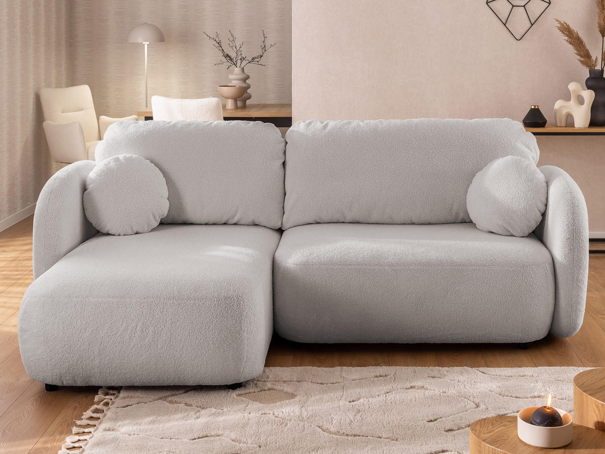 ECKSOFA Candy mit Schlaffunktion Hellgrau Bouclé-Stoff - Ottomane links - Hellgrau/Schwarz, Holz/Kunststoff (230/146cm) - S-Style Möbel