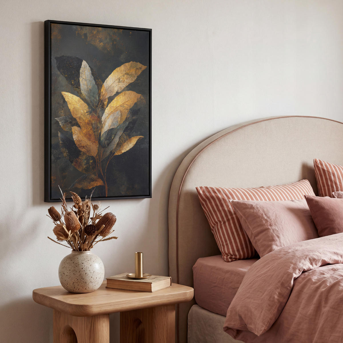 LEINWAND Bilder mit Rahmen - Golden Leaf Komposition - Botanical Luxury - 40x60 - Goldfarben, Textil (40/60cm) - MuchoWow