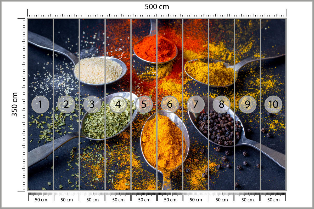 FOTOTAPETE für Küche Gewürzlöffel Orientalisch Curry Kurkuma Pfeffer 500x350 - Beige/Rot, Papier (500/350cm) - Muralo
