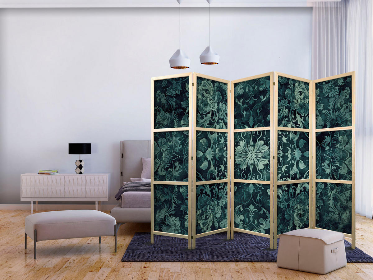 PARAVENT Japanischer 5-tlg 225x172 cm Gr ne Ornamente - Grün, Holz/Textil (225/172/3cm) - Muralo