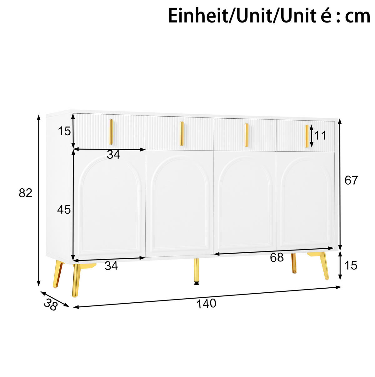 SIDEBOARD aus weißem MDF mit Melamin, 4 Türen und 4 Schubladen, goldene Griffe und Beine, 140/38/82 cm, Weiß - Weiß, Holzwerkstoff (140/82/38cm) - Redom
