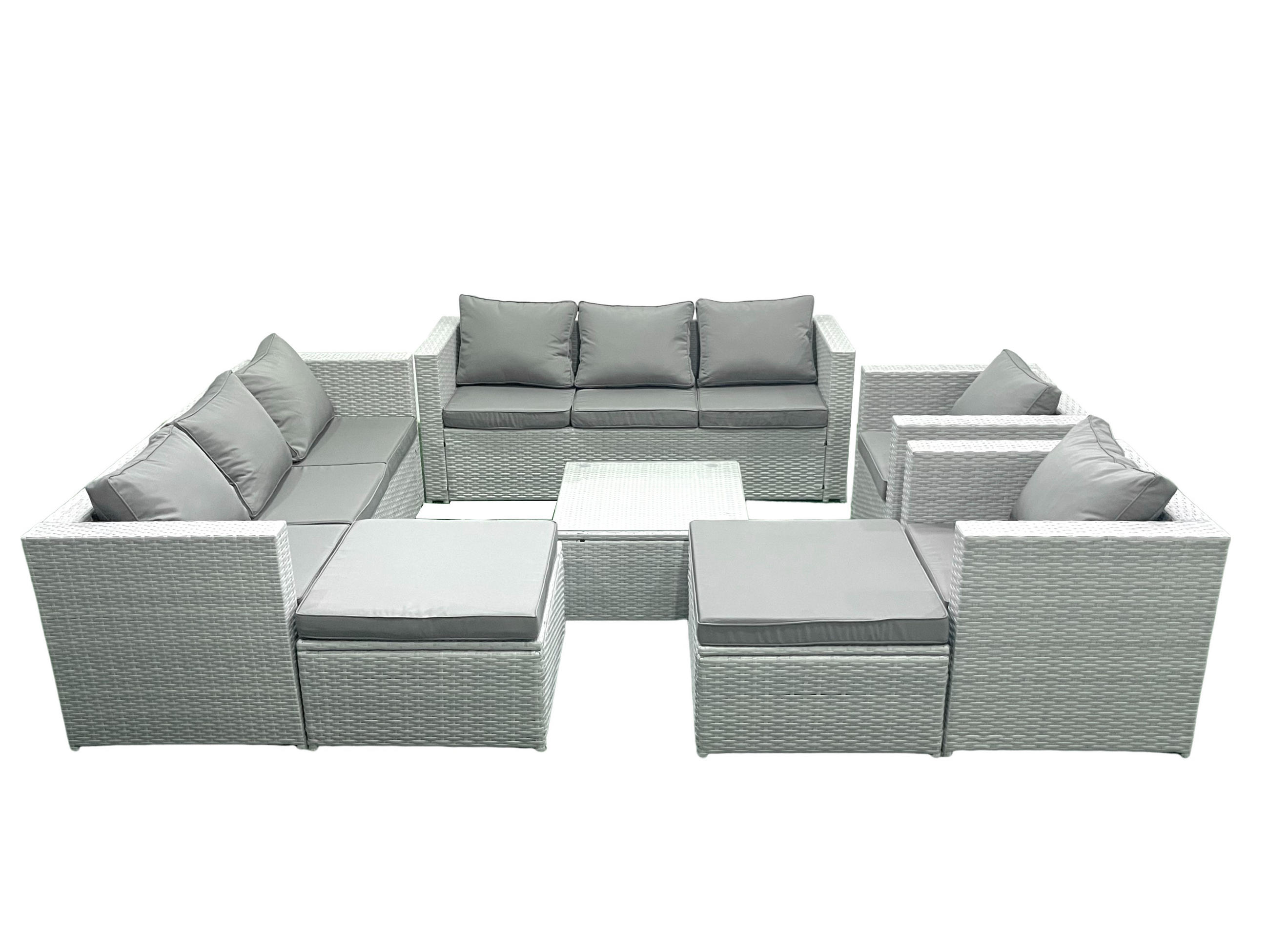 GARTENMÖBEL-SET mit Kissen Polyrattan Hellgrau-Mix 10-Sitzer - Hellgrau/Grau, Glas/Kunststoff - Fimous