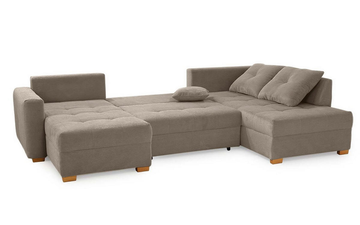 WOHNLANDSCHAFT mit Schlaffunktion und Bettkasten, spiegelverkehrt montierbar U-Form B313/T200/H92 cm, Cord Braun Taupe / 15219 - Taupe/Eichefarben, Holz/Textil (313/92/200cm) - luma-home