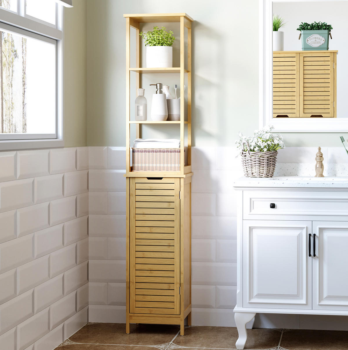 HOCHSCHRANK 34/30/173 cm aus Bambus mit Lamellentür und 3 offenen Fächern Natur - Naturfarben, Holzwerkstoff (34/173/30cm) - Modenvie
