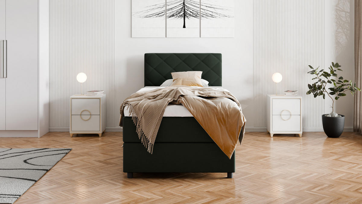 BOXBETT Diamaro 100x200 cm mit Bettkasten und Topper - Dunkelgrün - Grün, Holz (100/200cm) - Homesy