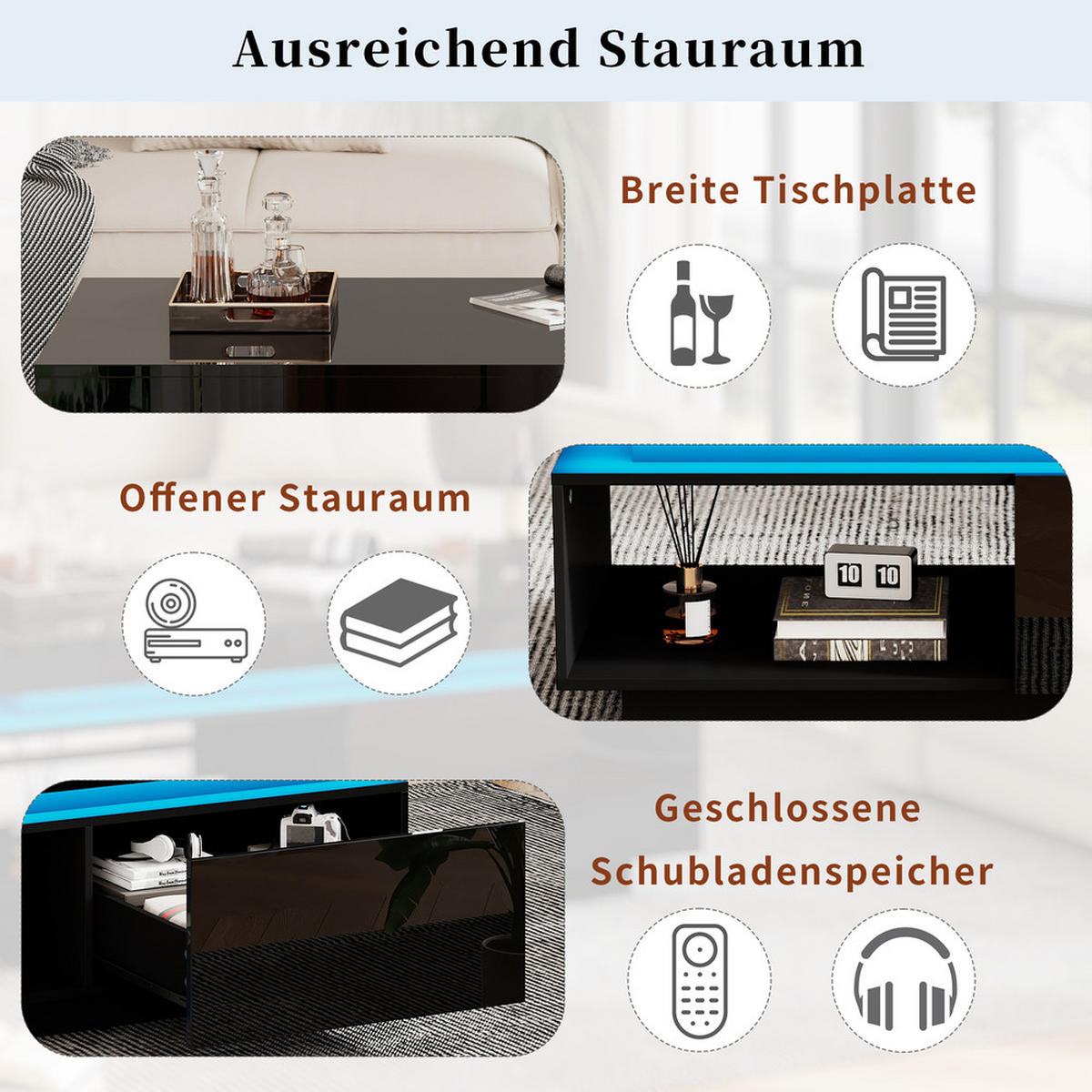 COUCHTISCH 100x50cm Schwarz Hochglanz LED Schublade 50kg Tragkraft - Schwarz, Holz (100/50/40cm) - FLIEKS