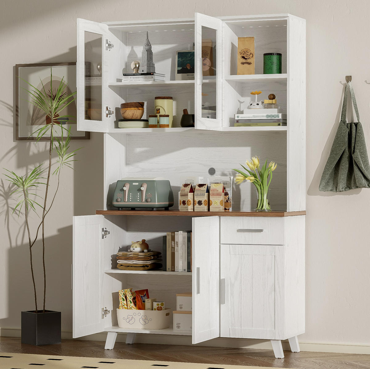 ANRICHTE 114/40/190 cm in Weiß/Braun mit 5 Türen und 2 Glastüren - Braun, Holzwerkstoff (114/190/40cm) - Flora Grace