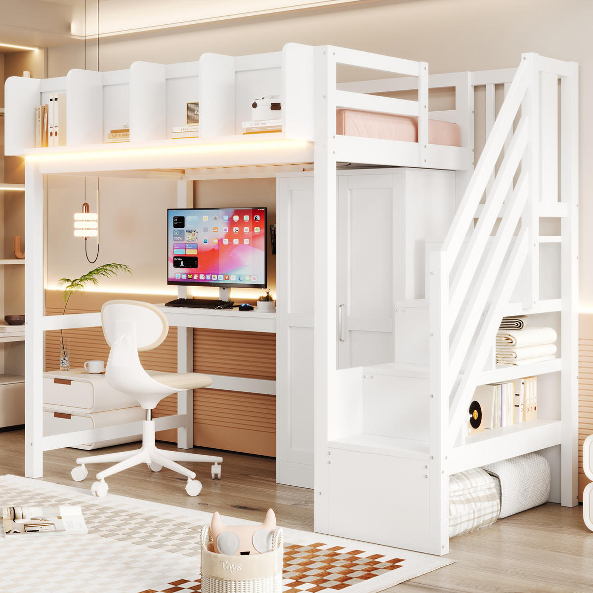 HOCHBETT 90/200 cm in Weiß mit Schreibtisch, Kleiderschrank, Regalen, Leiter mit Stauraum, LED und Steckdosen aus Holz - Weiß, Holzwerkstoff (90/200cm) - STILVORA