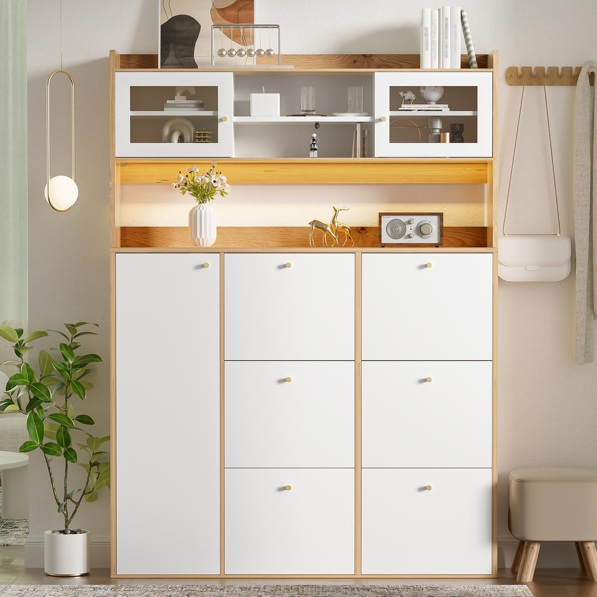 SCHUHSCHRANK 130x25x180cm mit Glas, LED und 6 Klappen - Weiß/Naturfarben, Holzwerkstoff (130/180/25cm) - FLIEKS