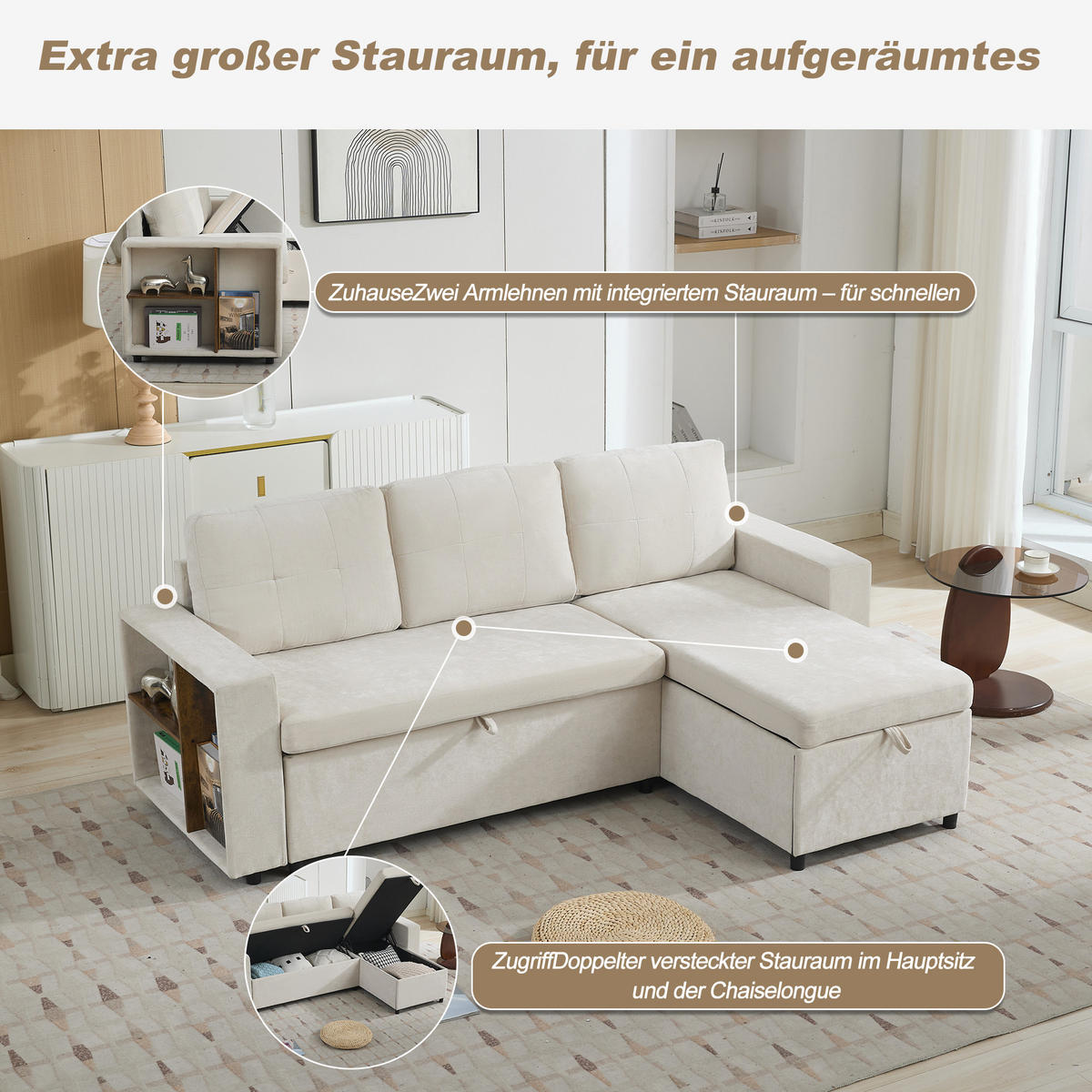 ECKSOFA 202/136/85 cm Beige mit Stauraum - Beige, Textil (202/136cm) - Oxeza