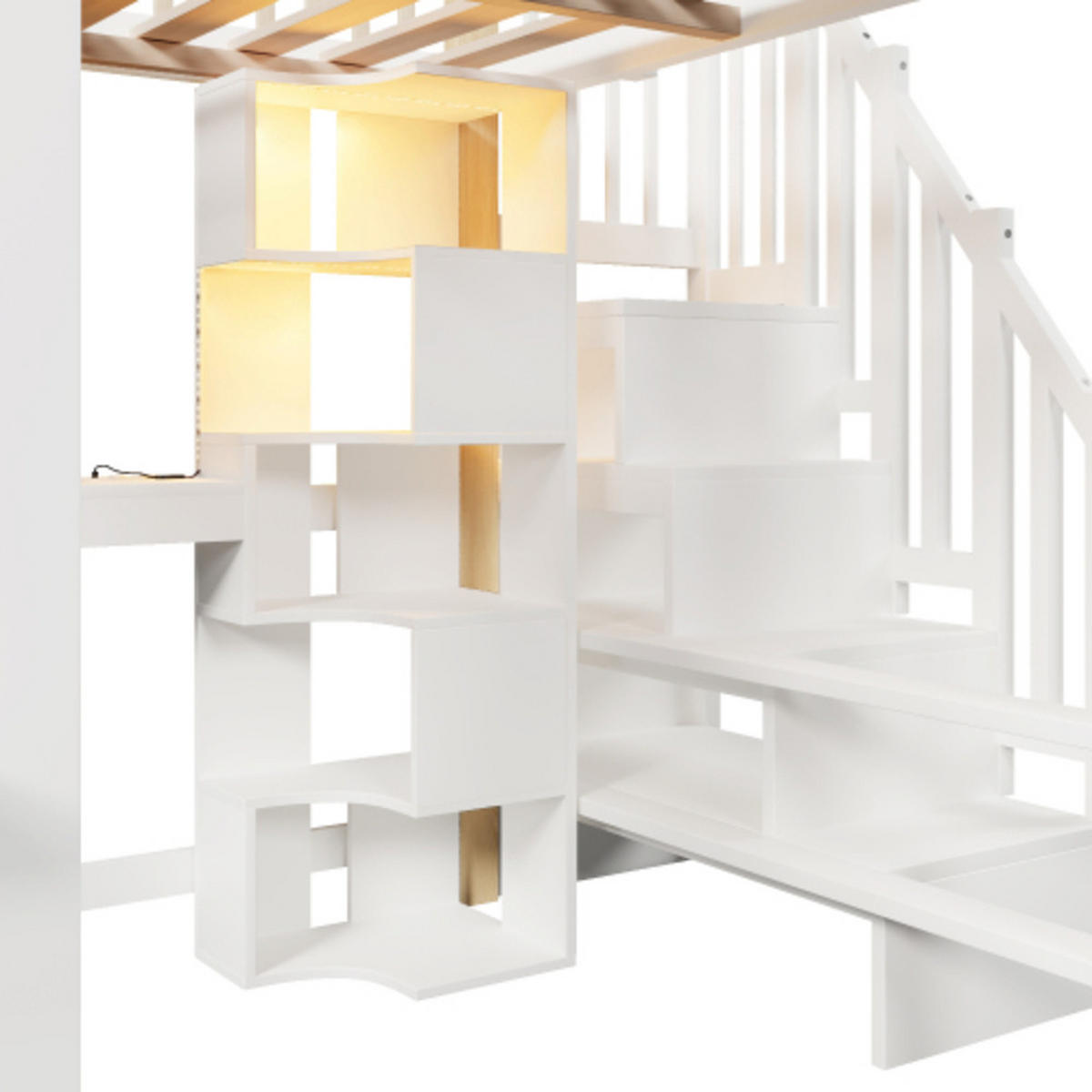 HOCHBETT 140 × 200 cm aus Kiefernholz mit Spielhaus-Unterbau, LED-Leiste und Stauraumleiter, weiß-natur - Weiß, Holz - Luhomfu