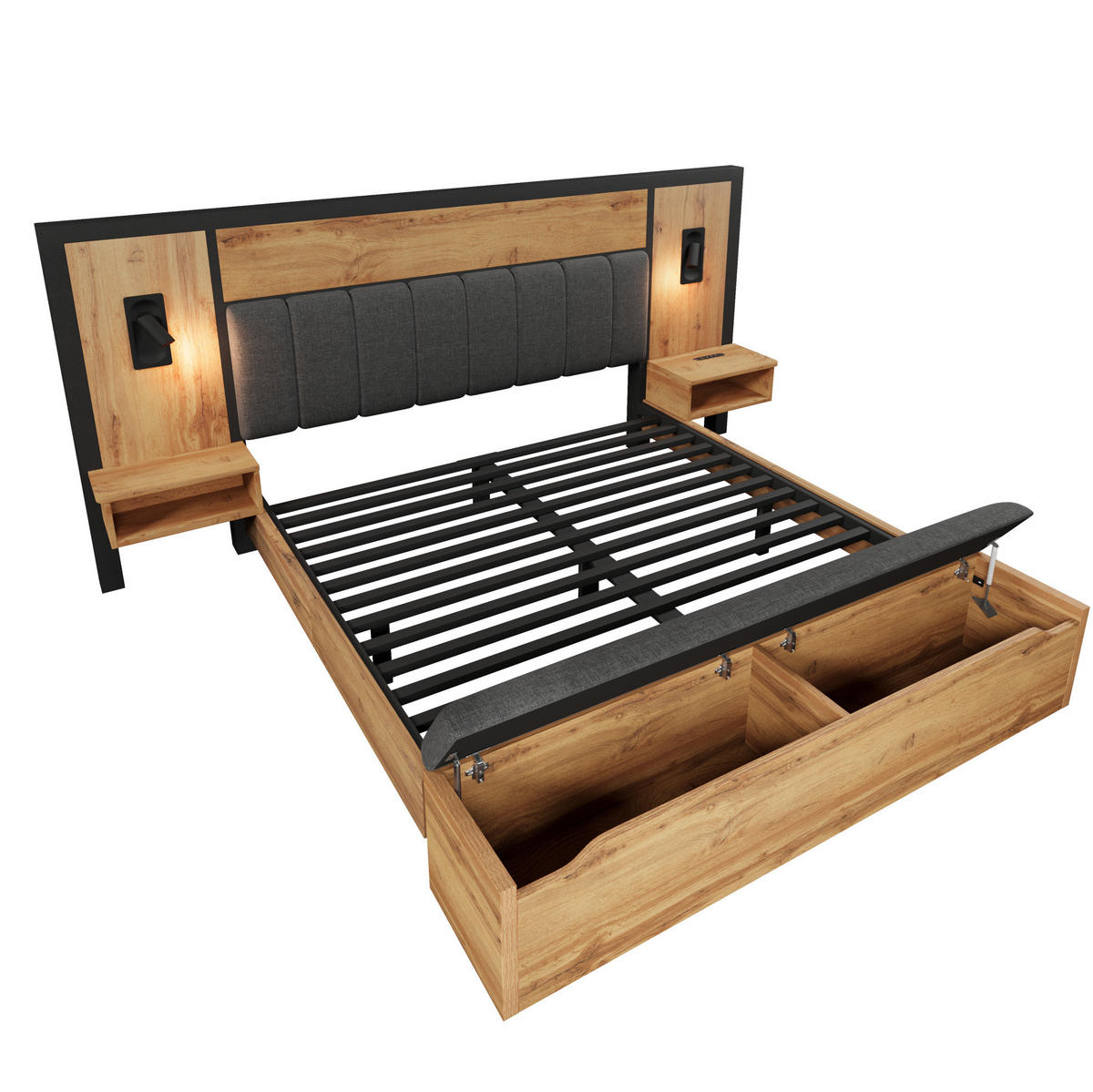POLSTERBETT 160/200 cm aus Metall, MDF und Leinen mit Leselampen, USB-C und Stauraum Eiche - Eichefarben, Metall (160/200cm) - Modenvie