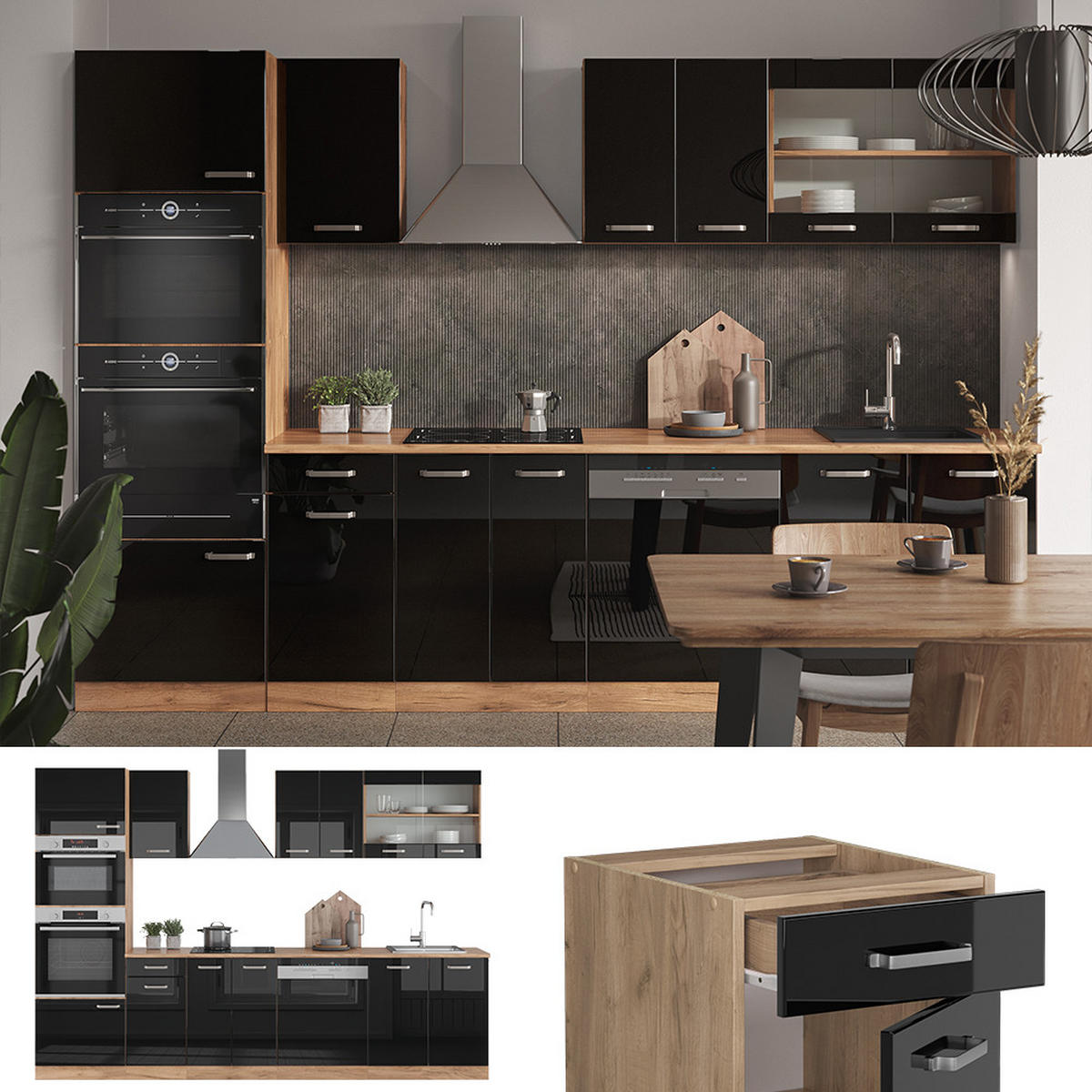 KÜCHENZEILE R-Line Schwarz Hochglanz/Goldkraft Eiche 300 cm AP Marmor - Honigeiche/Schwarz Hochglanz, Holzwerkstoff (300/81.6/60cm) - Vicco