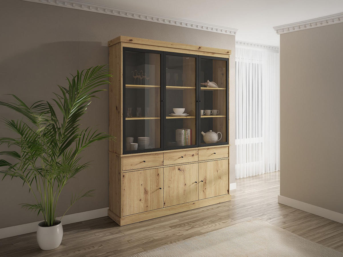 VITRINENSCHRANK - 172.5 cm x 39.6 cm - glas - schwarz, naturfarben hell Marsoria - Schwarz/Naturfarben, Glas/Holz (172.5/217.8/39.6cm) - Vente-Unique