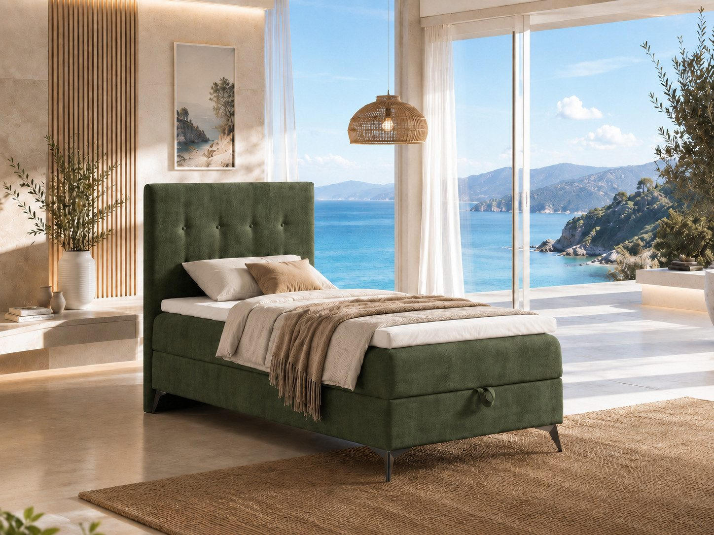 BOXBETT K15 Single SLIM mit Bettkasten & Bonell-Federkern inkl. Topper - Olivgrün, Holz/Textil (200/80cm) - Best For Home