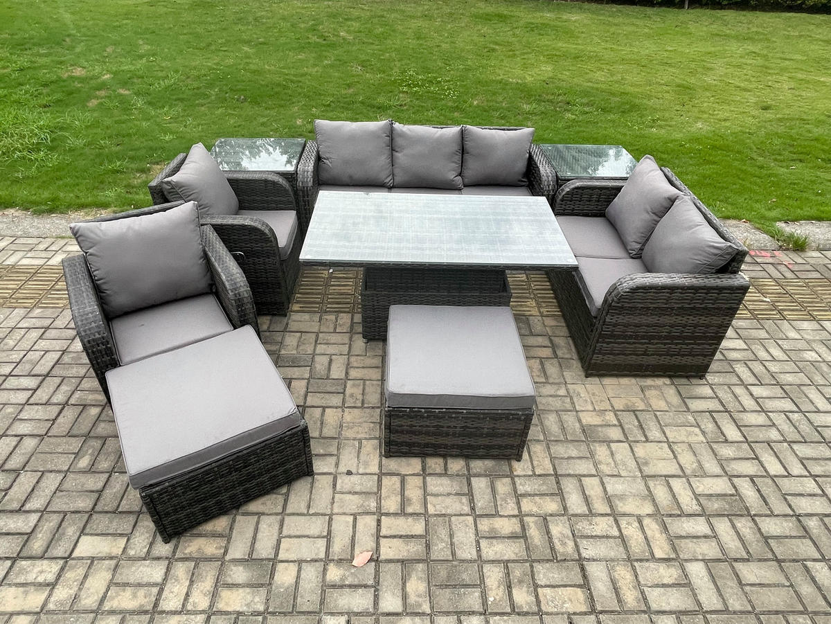 GARTENSET MIT COUCHTISCH BEISTELLTISCH HOCKER Polyrattan Outdoor 9-Sitzer - Dunkelgrau/Grau, Glas/Kunststoff - Fimous
