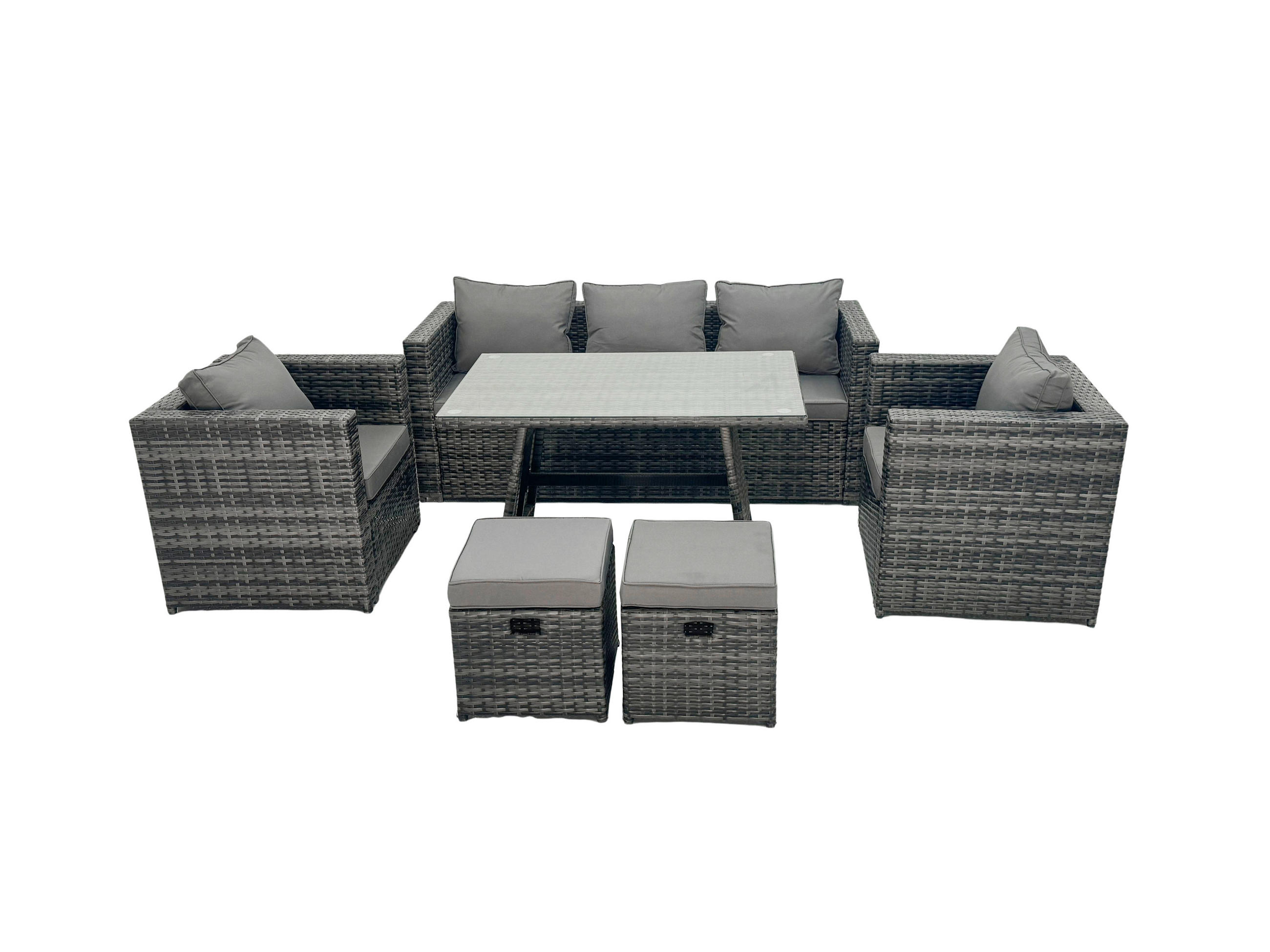 GARTENMÖBEL SET PE Polyrattan 7-Sitzer - Dunkelgrau/Grau, Glas/Kunststoff - Fimous