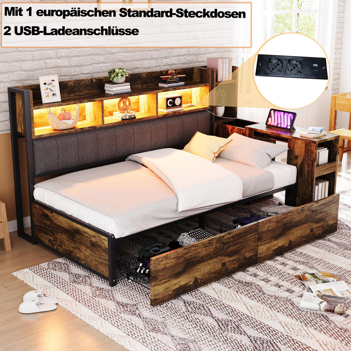 POLSTERBETT 90x200 cm LED USB Schreibtisch holz - Naturfarben, Metall (90/200cm) - Fortuna Lai