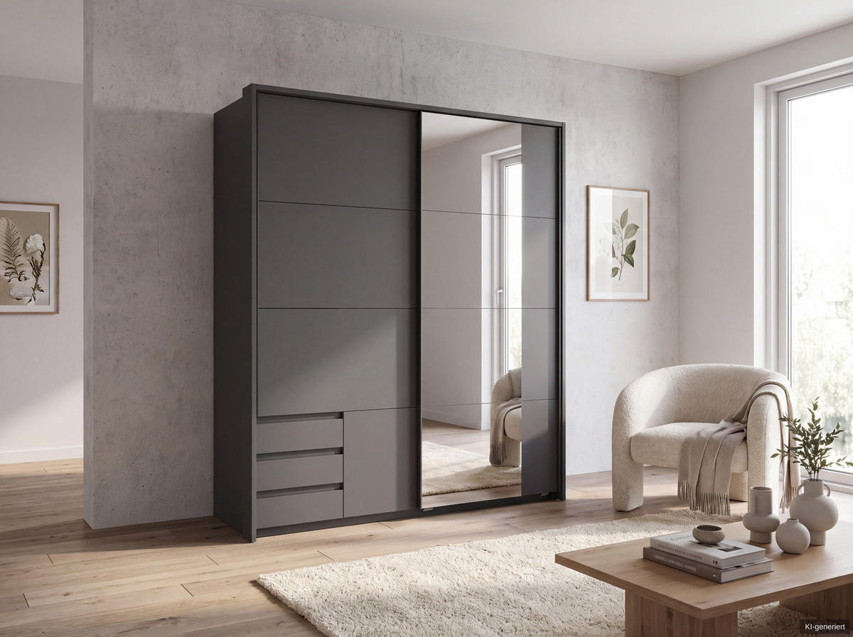 SCHWEBETÜRENSCHRANK 2-türig B183/H200/T65 cm, Passepartout-Kleiderschrank in Grafit mit sichtbaren Schubkästen & Spiegel / 22714 - Schwarz/Graphitfarben, Holz/Holzwerkstoff (183/200/65cm) - luma-home
