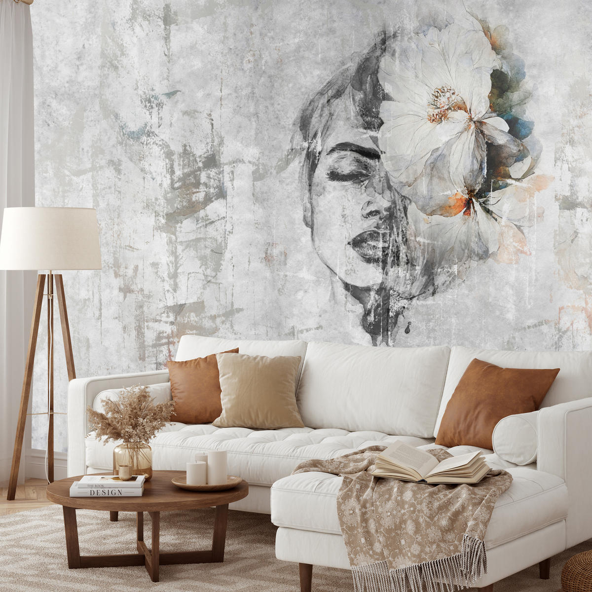 FOTOTAPETE für Schlafzimmer Frau Porträt Blume Beton Abstraktion 200x140 - Blau/Orange, Papier (200/140cm) - Muralo