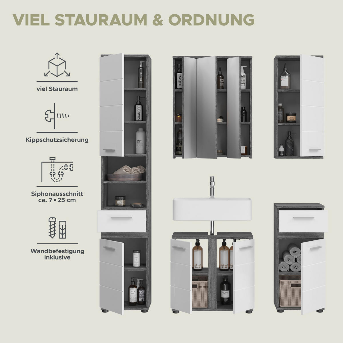 BADKOMBINATION 5tlg. Blake Bad in Rauchsilber Nachbildung und weiß hochglanz B/H/T: 164x191x34 cm - Anthrazit, Holz (164/191/34cm)