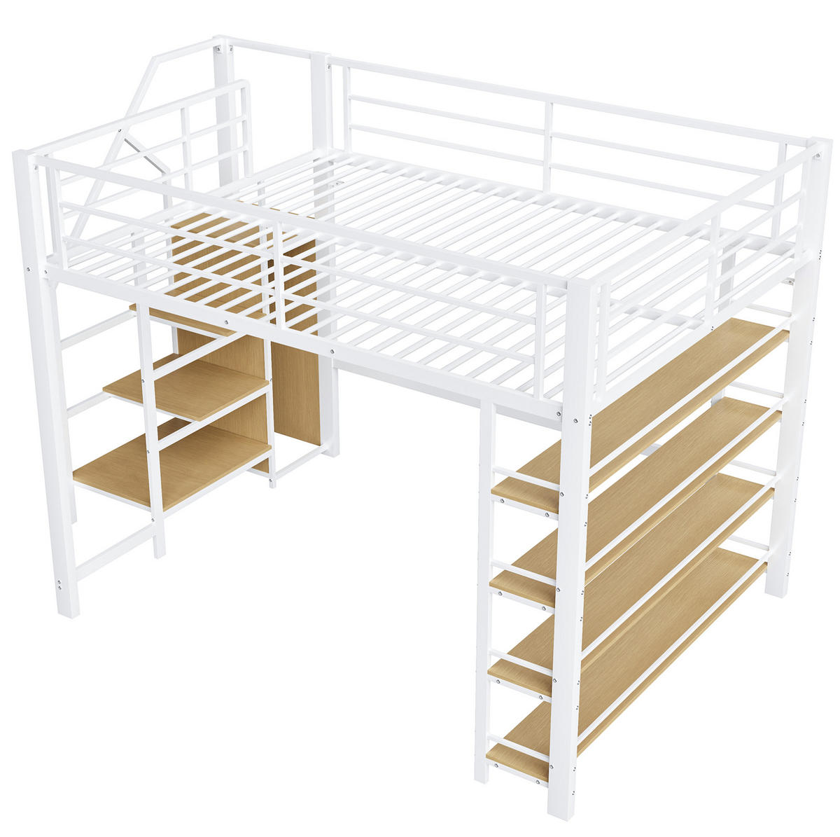 VYSOKÁ posteľ 140/200 cm biela z kovu s úložnými schodmi a malou skriňou - biela, kompozitné drevo (140/200cm) - OKWISH