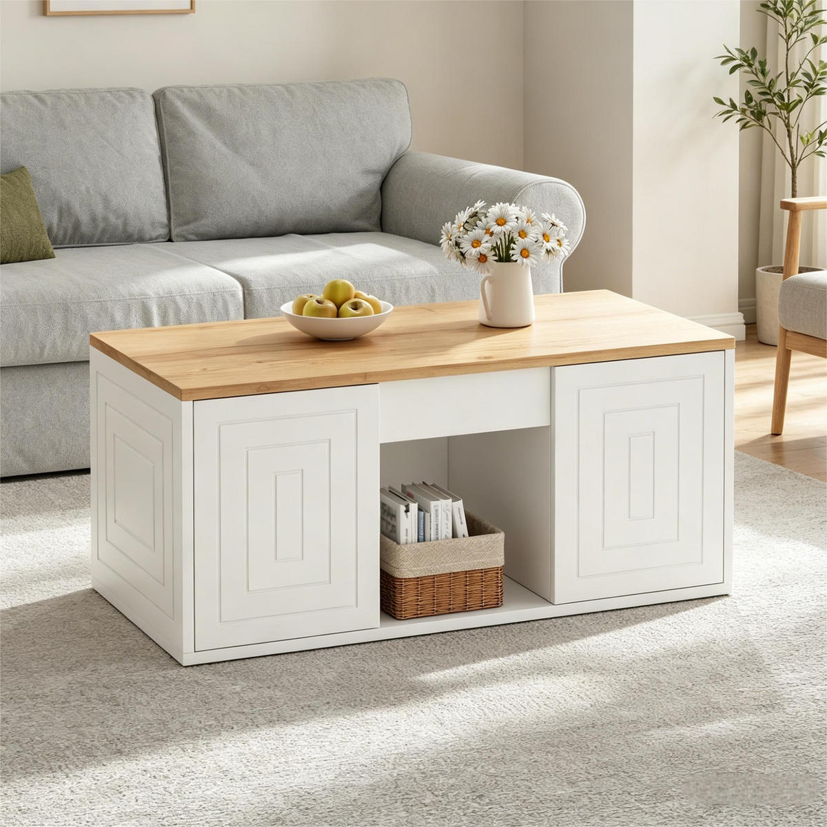 COUCHTISCH Höhenverstellbarer Multifunktionstisch mit Stauraum, Rillen-Design, Doppeltür-Schrank, Holz/Weiß - Weiß, Holzwerkstoff (95/46/45cm) - EVRYAE