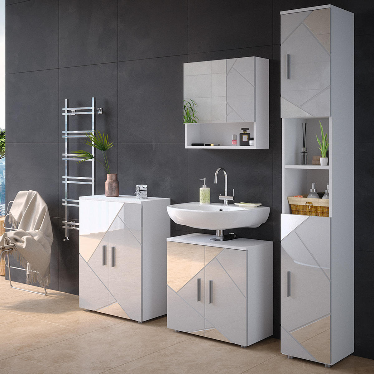 BADSCHRANK Irma Weiß 30 x 192 cm - Weiß Hochglanz, Holzwerkstoff (30/192/30cm) - Vicco