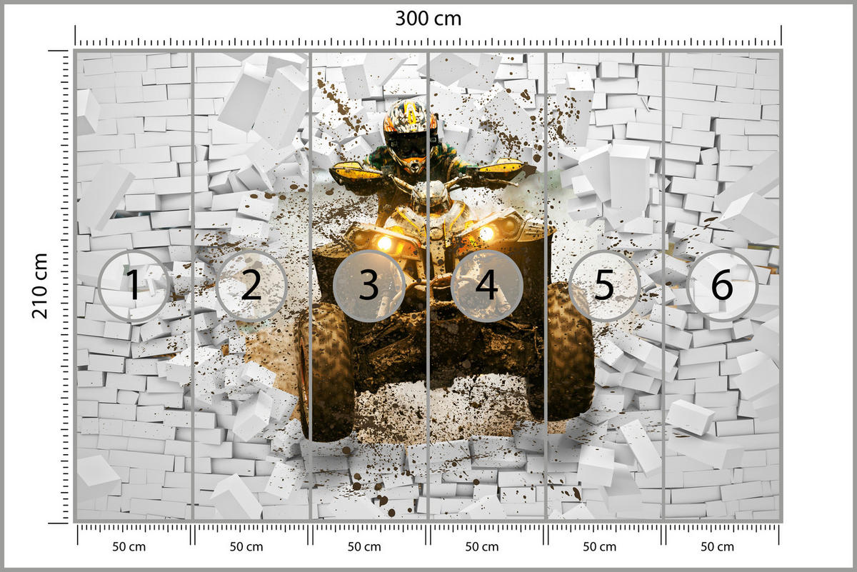 FOTOTAPETE für Büro Schlammbedecktes Quad Durchbricht Backsteinmauer 300x210 - Gelb/Beige, Papier (300/210cm) - Muralo
