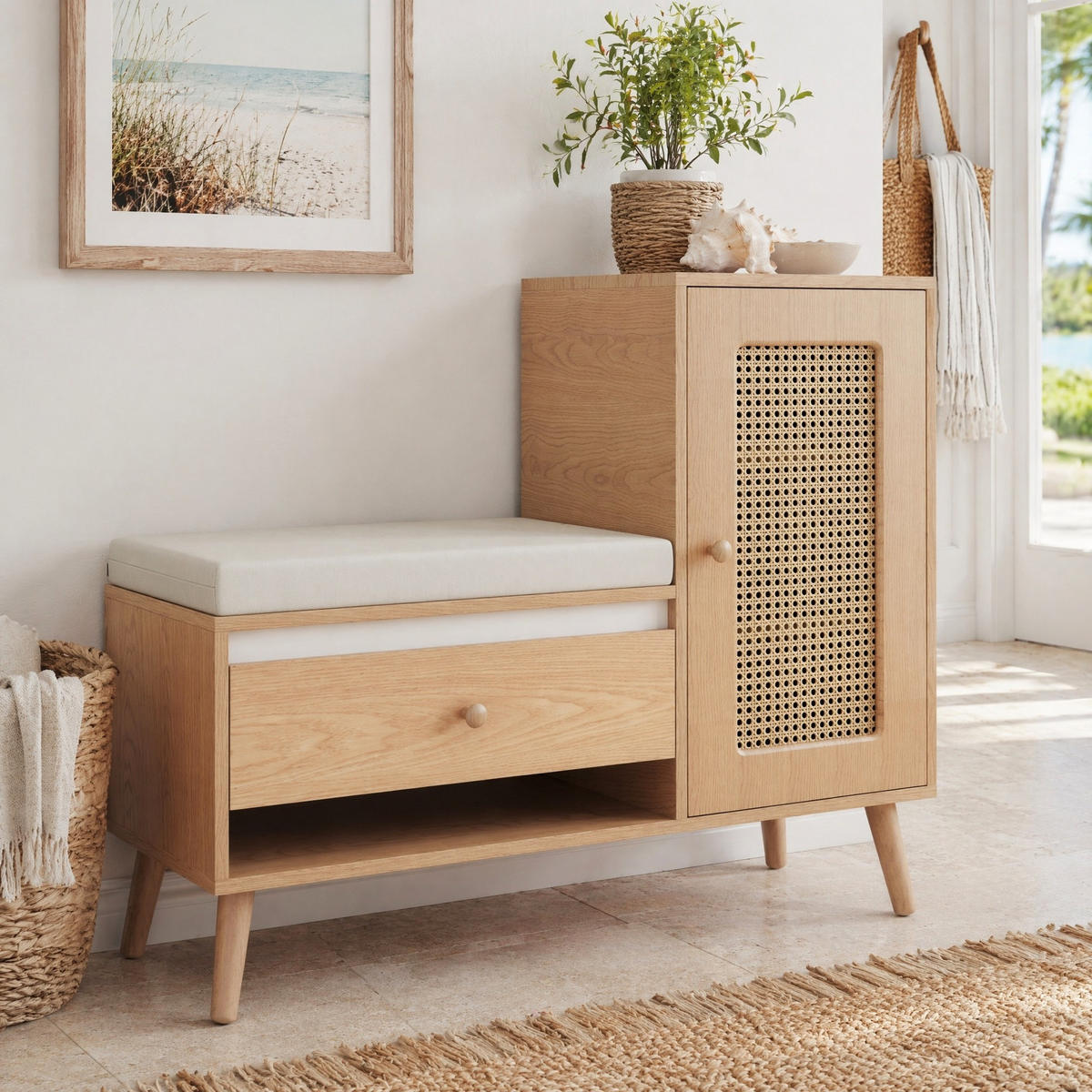 SKŘÍŇ NA BOTY přírodní, čalouněný sedák, zásuvky, otevřené přihrádky a dvířka, 95,5×35×80,5 cm - přírodní, kov/kompozitní dřevo (95.5/80.5/35cm) - STILVORA