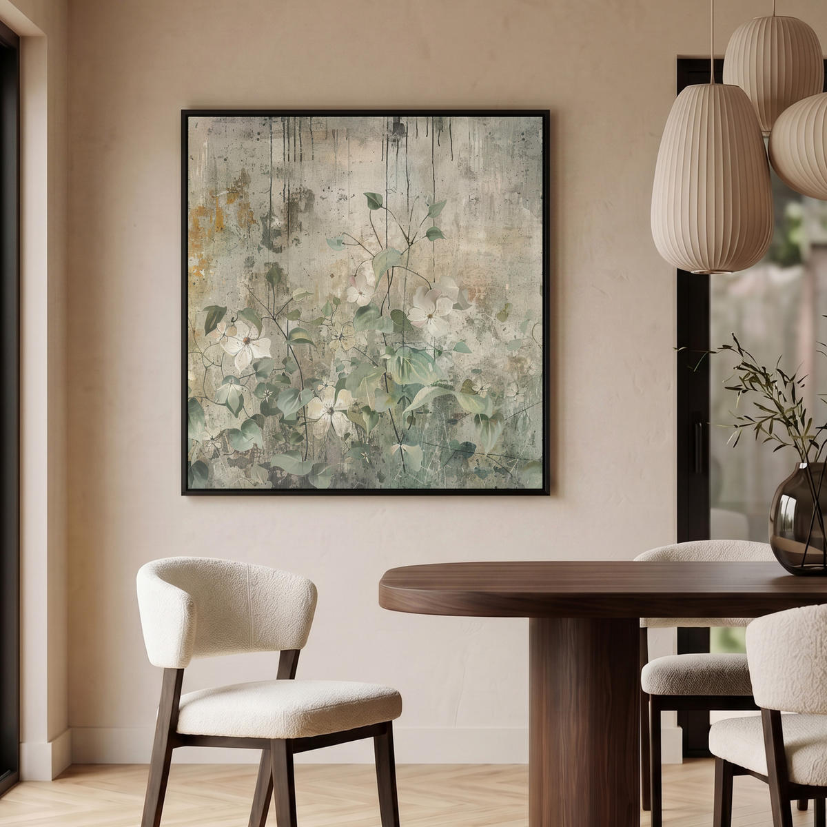LEINWAND Bilder mit Rahmen - Blumen - Blätter - Abstrakt - Modern - 90x90 - Grau, Textil (90/90cm) - MuchoWow