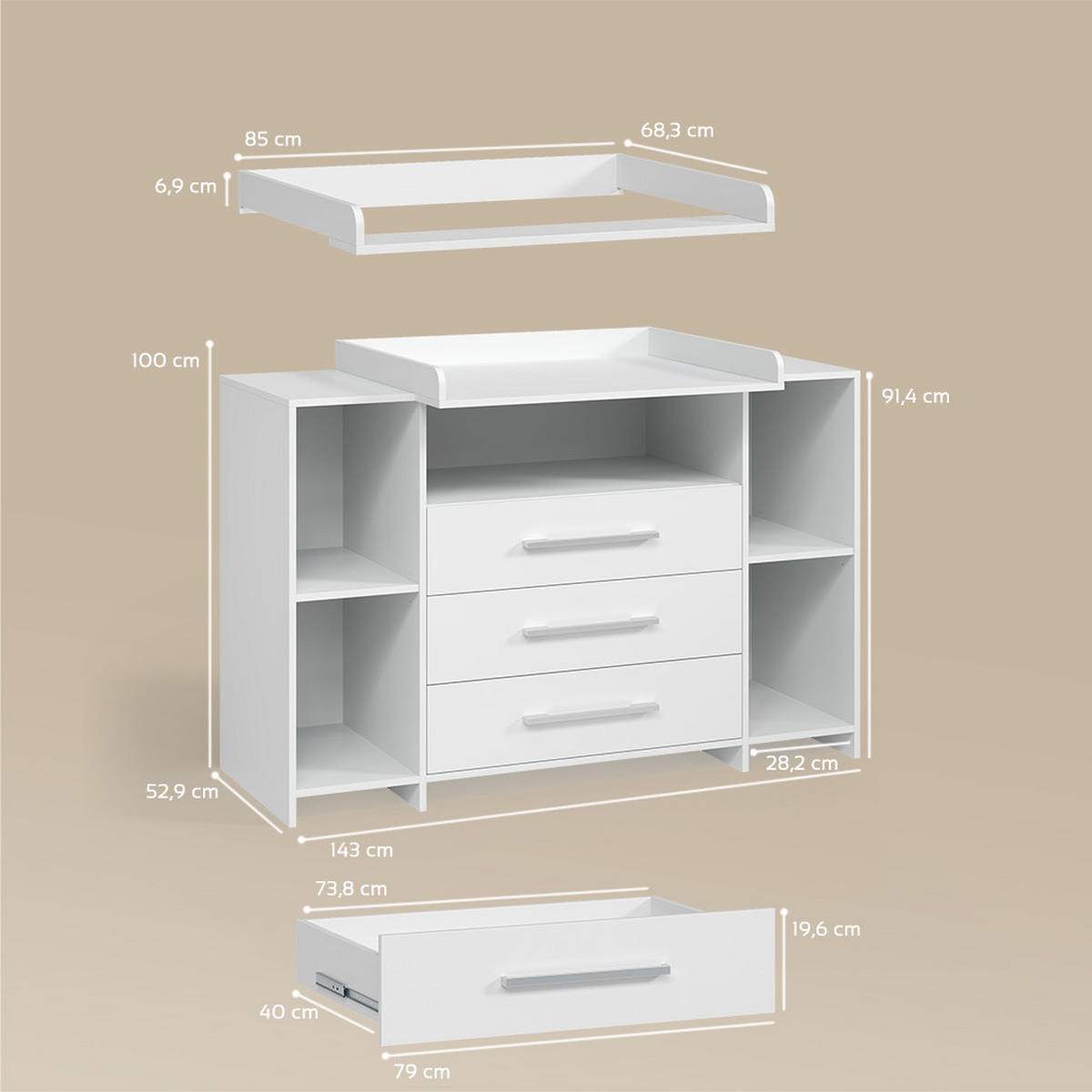 WICKELKOMMODE Torino Weiß XL mit Schubladen - Weiß, Holzwerkstoff (143/100/70cm) - Livinity®