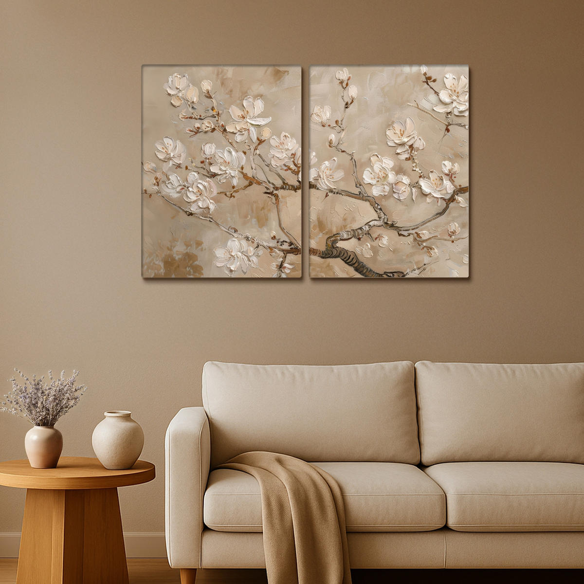 LEINWANDBILD 2er Set Beige - Blüte - Modern 100x70 cm - Greige, Textil (100/70cm) - MuchoWow
