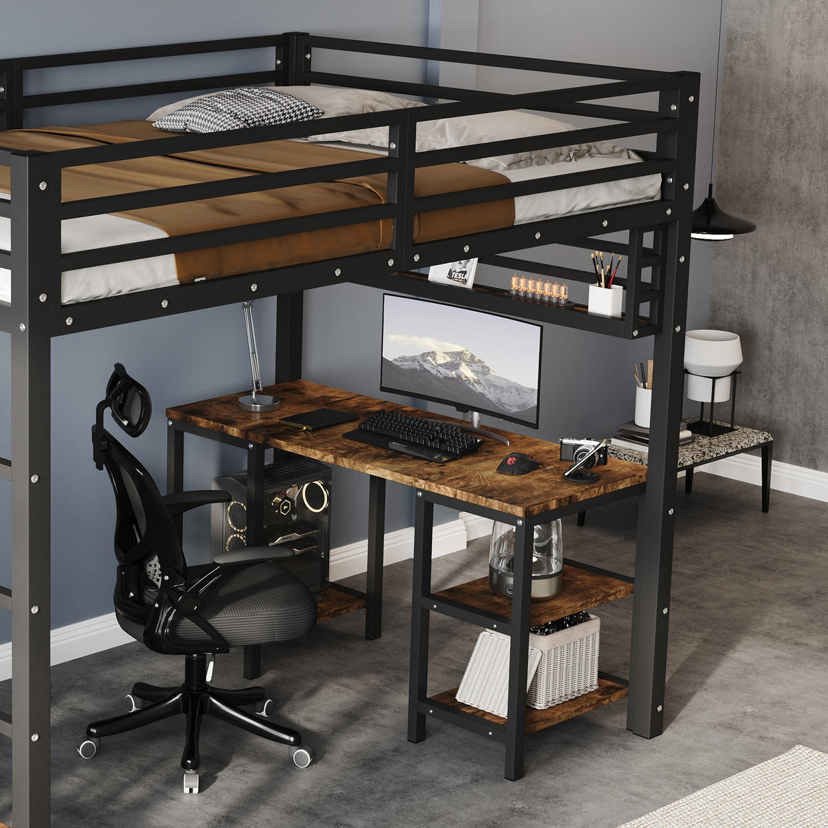 HOCHBETT 120/200 cm in Schwarz & Dunkelwalnuss mit Treppe, Schreibtisch und Regal - Schwarz, Holzwerkstoff/Metall (120/200cm) - STILVORA