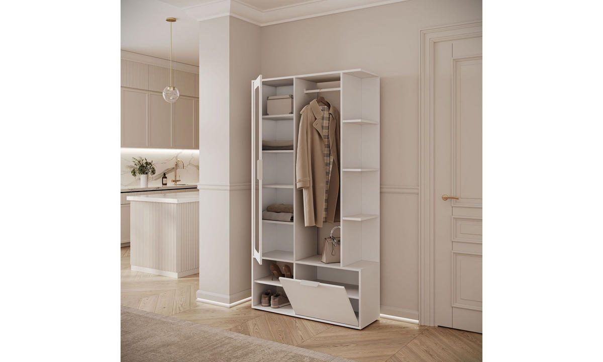 GARDEROBE NOLA 100/33,1/188,5 cm Weiß mit Spiegel und Schuhschrank - Weiß, Holzwerkstoff/Metall (100/188.5/33.1cm) - Lookway