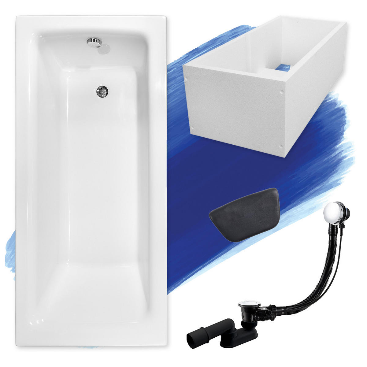 BADEWANNE Rechteck TALIA 130/70 + Träger + Kopfstütze Ablauf Füße - Weiß, Kunststoff (70/55.5/130cm) - bad land