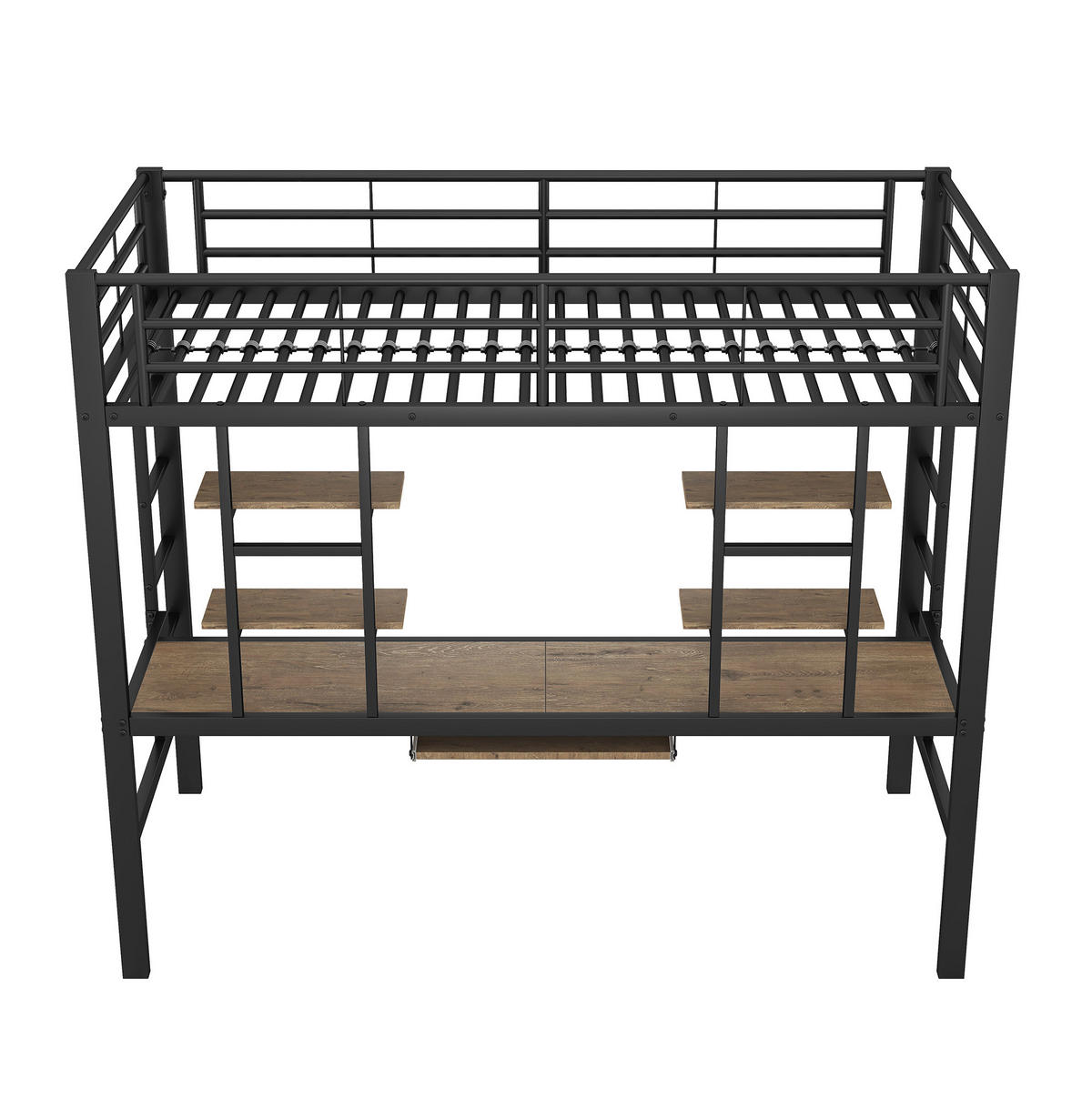 HOCHBETT aus Metall 90x200 cm Schwarz mit Schreibtisch, 2 Regalen und Leiter platzsparend - Schwarz, Metall (90/200cm) - Modfu