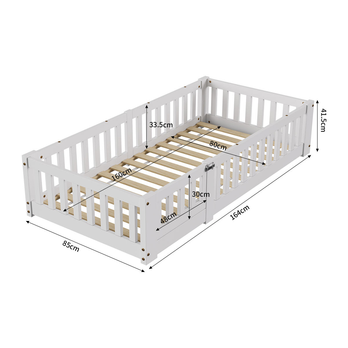 KINDERBETT 90x190 Bodenbett mit Rausfallschutz, Montessori Bett aus Massivholz - Weiß, Holz/Metall (80/160cm) - PARAFTA HOME
