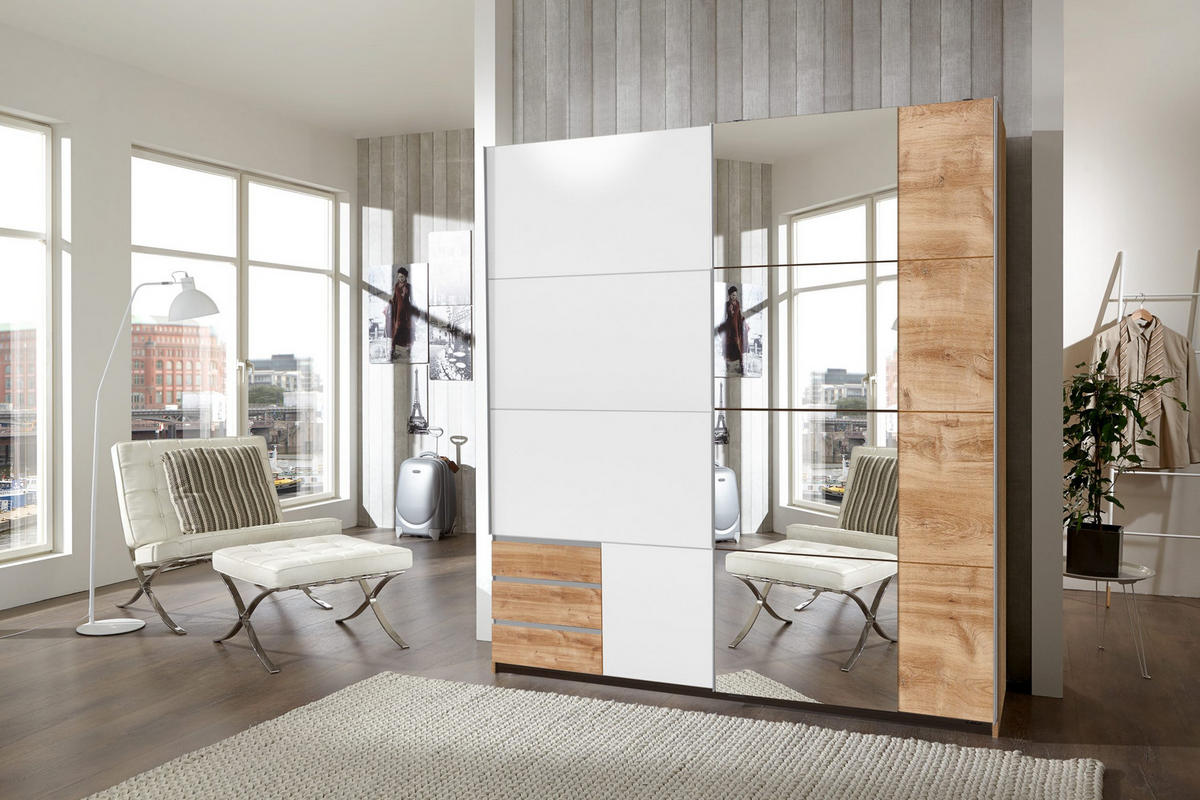 KLEIDERSCHRANK Emden in Plankeneiche Weiß - Schwebetürenschrank Breite 179 cm mit Spiegel - Braun, Holzwerkstoff (179/198/65cm)