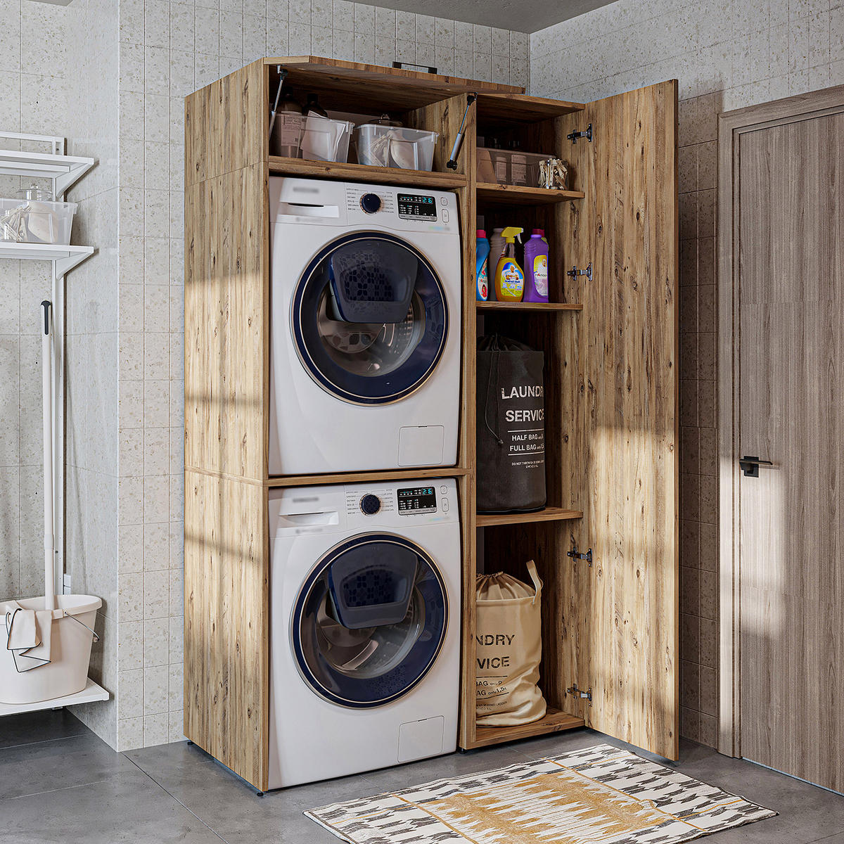 WASCHMASCHINENSCHRANK DUO-II 112cm Breit, 205cm Hoch - Eichefarben, Holzwerkstoff (112/205/67cm)